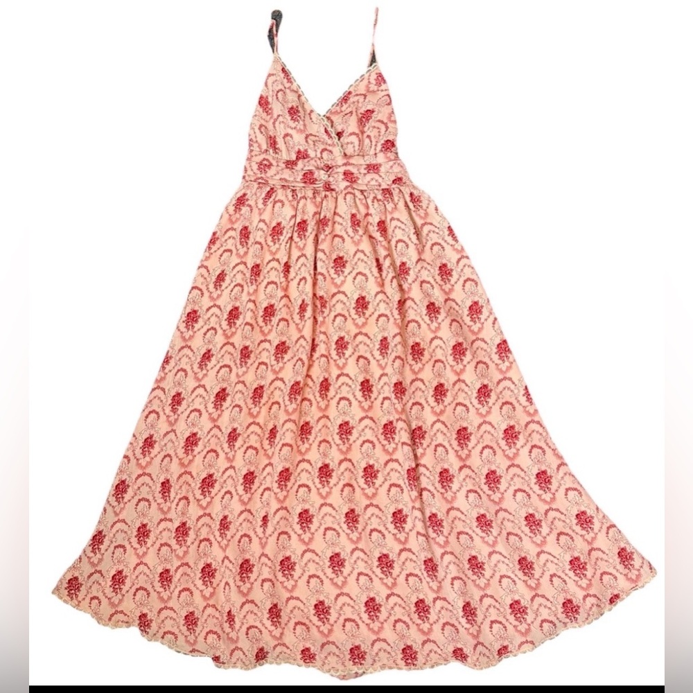 Women's Pink Sleeveless Floral Midi Dress Lace, Button and Bow Detail Chiffon XS